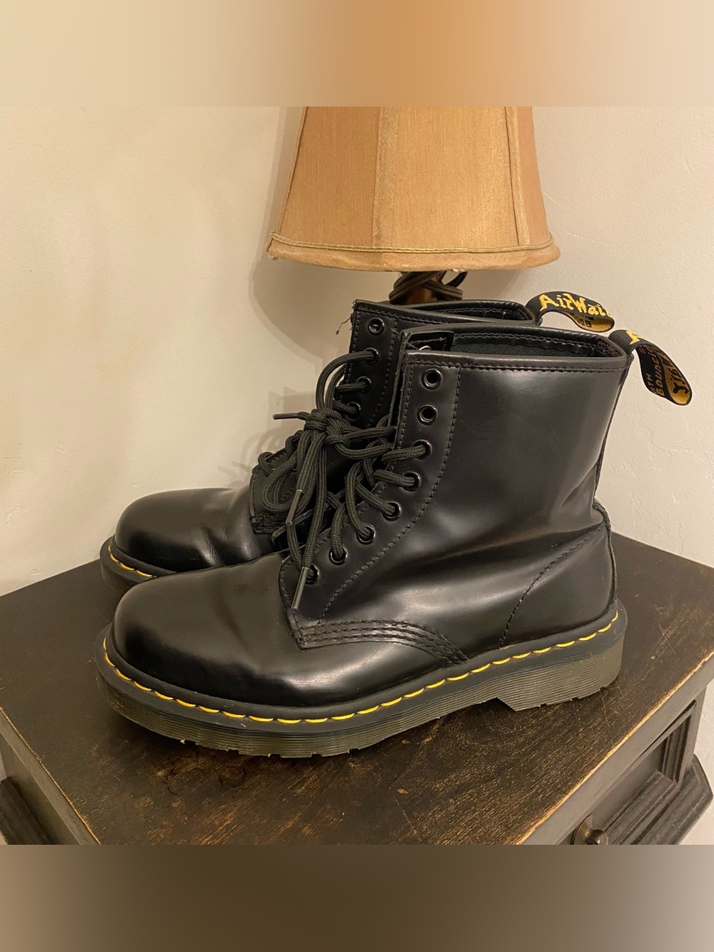 Dr. Martens Black Leather Lace-Up Boots with Yellow Stitching
